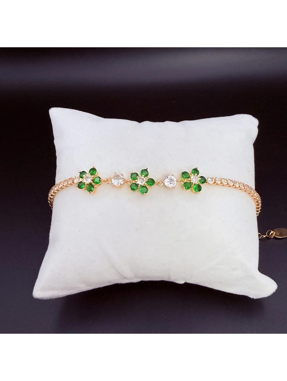 candy+clover green flower crystal tennis gold tone bracelet